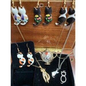 Cat Jewelry Lot Avon Necklace Earrings Enamel Gold Tone Kitty 8pc Gift Set